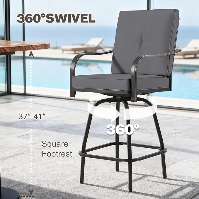 Outdoor Swivel Bar Stools Set of 2,Bar Height Patio Chairs with Cushions and High Backrest, All Weather Patio Bar Stools Furniture for Bistro Lawn, Pool, Garden and Backyard,Gray