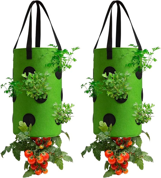 2 Pack Green Upside Down Tomato & Herb Planter, Outdoor Hanging Durable Aeration Fabric Strawberry Planter Bags