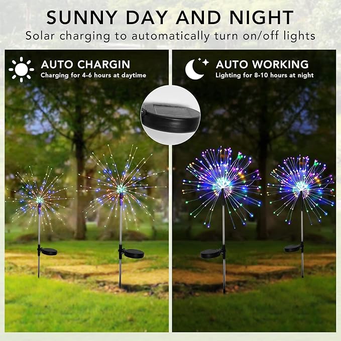 FOOING 4 Pcs Solar Garden Lights Solar Firework Lights Waterproof, 120 LED String Light 2 Modes Twinkling Fairy Nightlight for Garden, Wedding, Party, Patio, Yard, Landscape Decoration (Colorful)