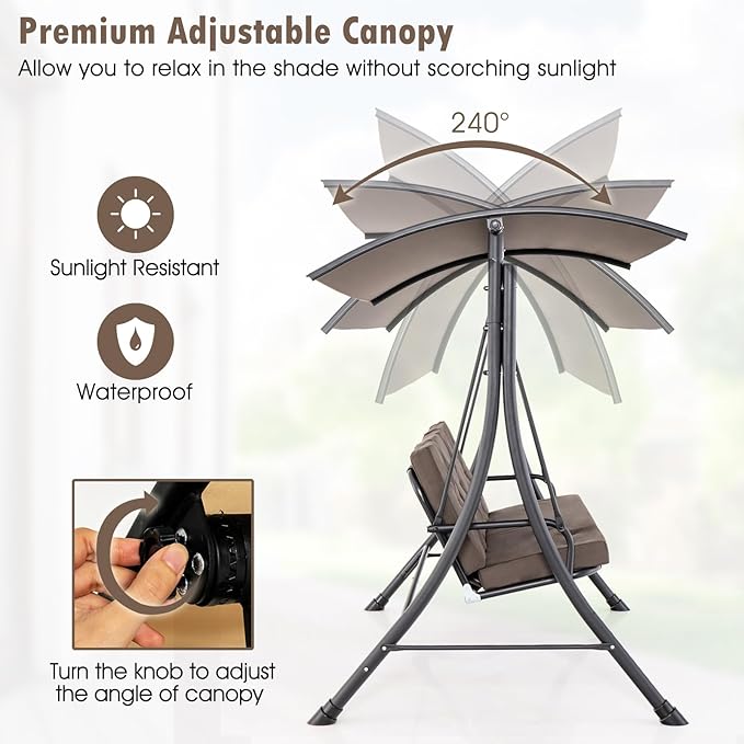 Tangkula 3 Person Porch Swing, Outdoor Swing with Removable Cushions, Solid Steel Structure, Patio Swing with Adjustable Canopy for Garden, Backyard, Balcony, Poolside