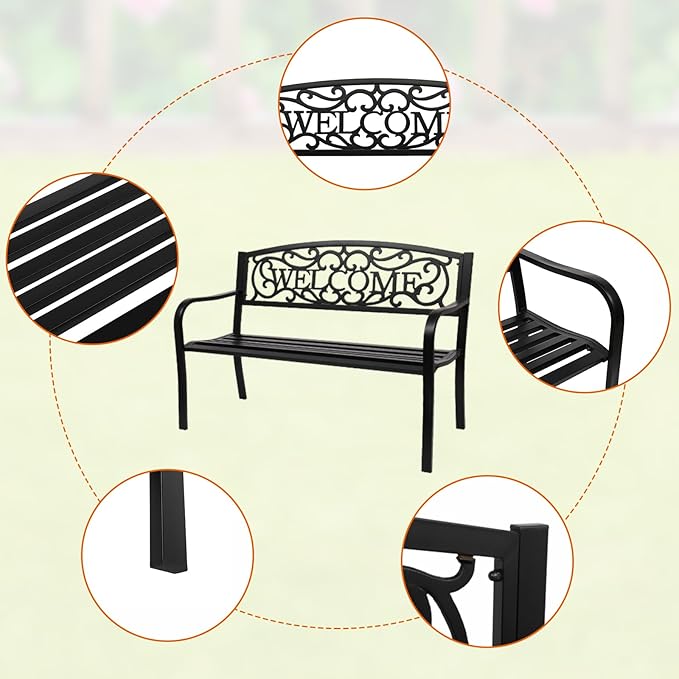 Outvita Outdoor Bench, 50" Metal Garden Bench Patio Park Furniture w/Warm Welcome Pattern & Plastic Backrest for Yard Entryway Deck Porch Black