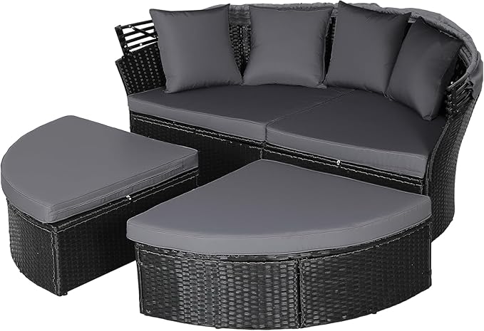 Incbruce Patio Round Daybed with Retractable Canopy, Black Wicker Rattan Sectional Sofa Furniture Set with Separated Cushion Seats for Patio, Porch and Backyard (Black)