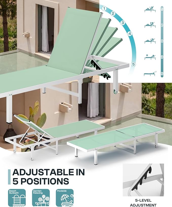 Aluminum Outdoor Lounge Chairs Set of 2, Pool Lounge Chairs with Wheels and 5-Position Recliner -Easy to Move- Patio Chaise Lounge Outdoor for Poolside, Deck, Beach (LightGreen)
