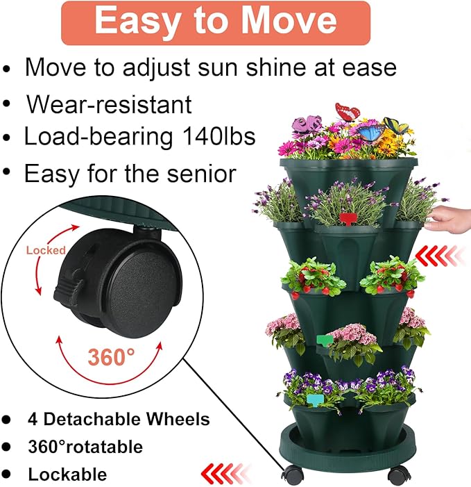 GameXcel Vertical Planter, 5 Tier Stackable Strawberry Planter with Garden Tool Set, Movable Indoor/Outdoor Garden Herb Pot for Growing Vegetables and Succulents, Green