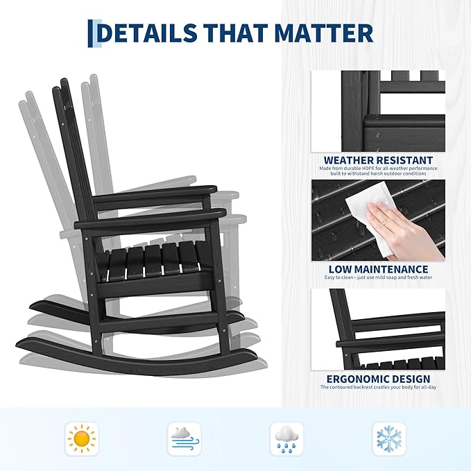 HDPE Rocking Chair Outdoor Set of 6 - Poly High Back Porch Rocker Chairs for Adults - All Weather Resistant Furniture for Patio Front Porch - Black