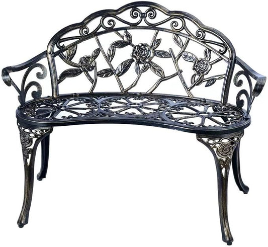 JARDIN DE CENTENNIAL Patio Garden Bench Metal Park Bench Cast Aluminum Outdoor Furniture with Floral Rose for Patio,Park,Lawn,Yard (Copper)