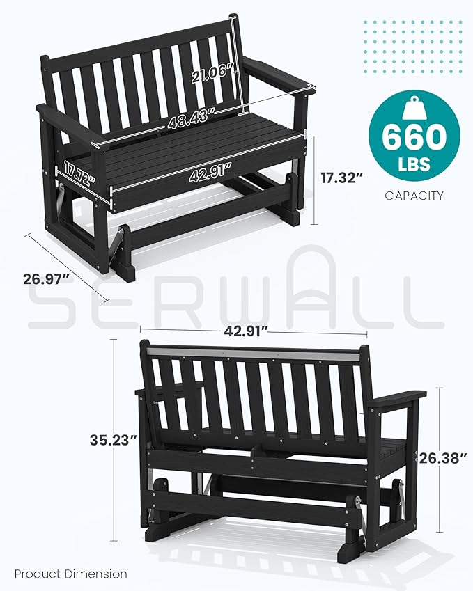 SERWALL Outdoor Glider Bench Set of 4, HDPE Weather-Resistant Swinging Bench for Backyard Garden Porch, Black
