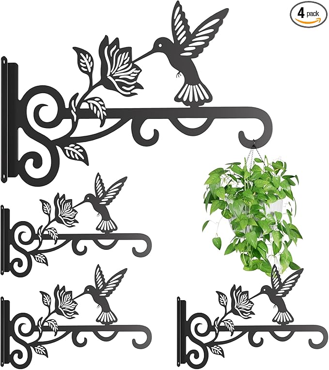 4-Pack Aesthetic Plant Hangers Outdoor – 10 Inch Metal Hanging Plant Bracket with Beautiful Hummingbird Pattern – Anti Rust Plant Hooks for Hanging Plants, Bird Feeder, Windchime, Lantern
