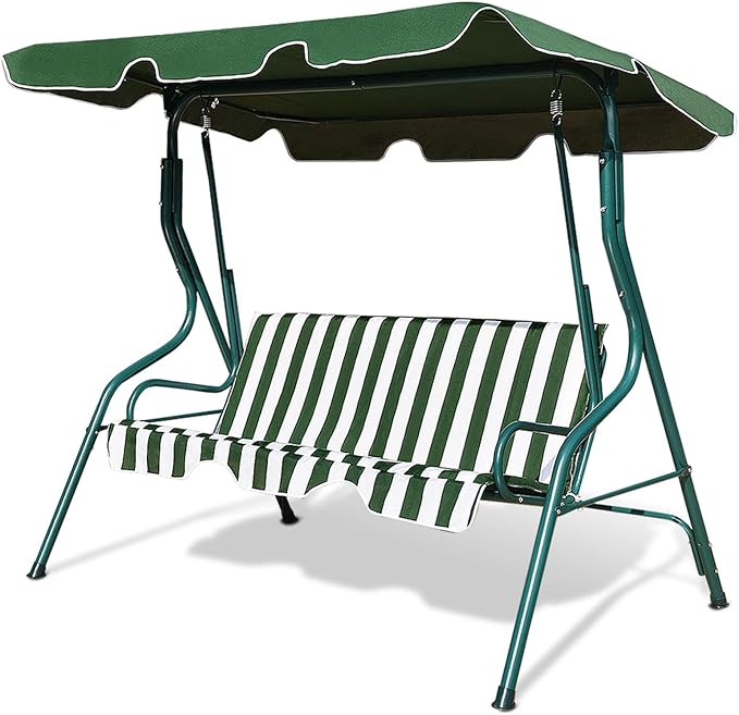 Porch Swing Outdoor, 3 Person Patio Swing w/Removable Cushion, Stand & Adjustable Canopy, Heavy Duty Swing Chair for Patio, Garden, Courtyard, Poolside