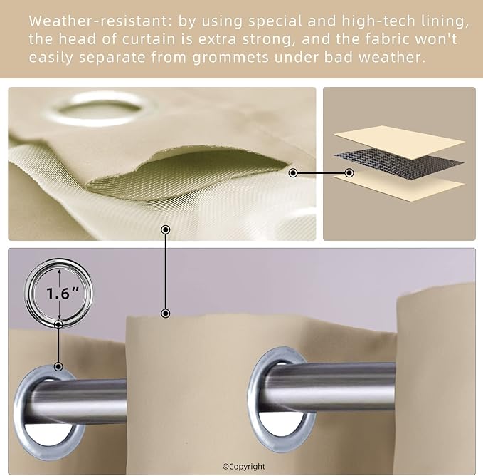 Outdoor Indoor Curtains W52 x L108 for Patio - Weather-resistant Window Panels Privacy Protect Grommet Top Thermal Insulated Home Curtain for Porch Garden Hot Tub Area (Beige, 2 Panels)