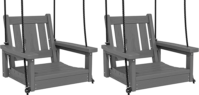 SERWALL HDPE Single Porch Swing Set of 2, Heavy Duty Single Person Swing Chair with 2 Polypropylene Hanging Ropes, Adirondack Hanging Chair for Outdoor Front Porch Patio Garden Yard, Gray
