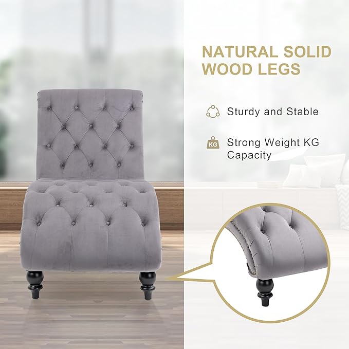 Chaise Lounge Indoor,Velvet Upholstered Lounge Chair Button-Tufted Armless Chair with Pillow, for Bedroom Living Room Office Modern Backrest Leisure Recliner Sleep Sofa,Gray