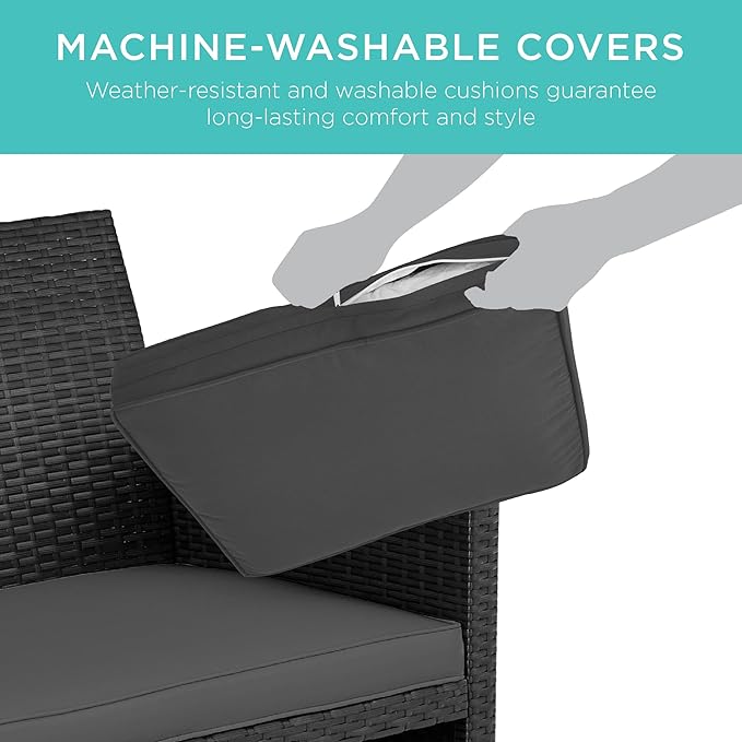 Best Choice Products 4-Piece Outdoor Wicker Patio Conversation Furniture Set for Backyard w/Coffee Table, Seat Cushions - Black/Gray