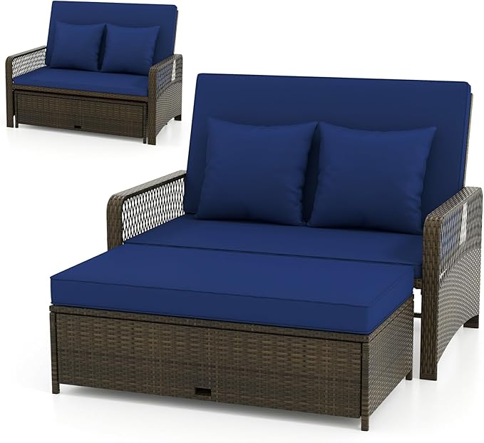 Moccha Outdoor Daybed, Rattan Loveseat Sofa with 4-Level Adjustable Back, Cushions, Storage Ottoman, Pillows, Wicker Sunbed, 2-Person Bed Lounger for Backyard Porch Pool Patio Furniture Set (Navy)