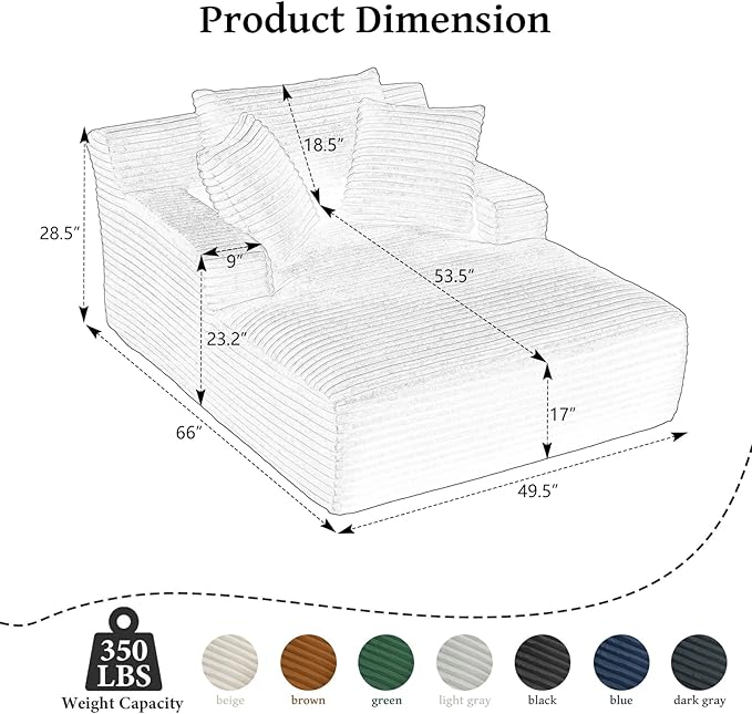 66" Chaise Lounge Chair Indoor, Oversized Boneless Couch Comfy Upholstered Sleeper Sofa Bed with 3 Pillows, Corduroy Cloud Reading Chair for Living Room No Assembly Required, Dark Grey