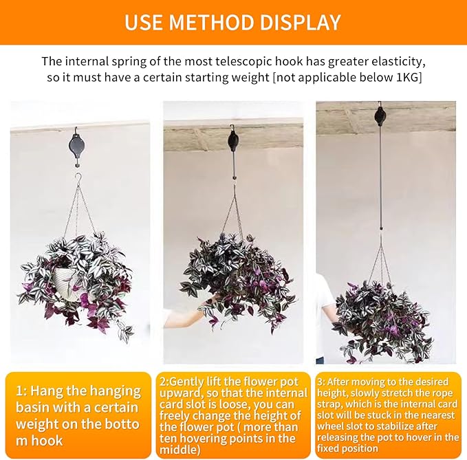 6PCS Retractable Hanging Plant Pulley Hook - Adjustable for Flower Baskets, Plant Pots, Bird Feeders（6PCS Black）