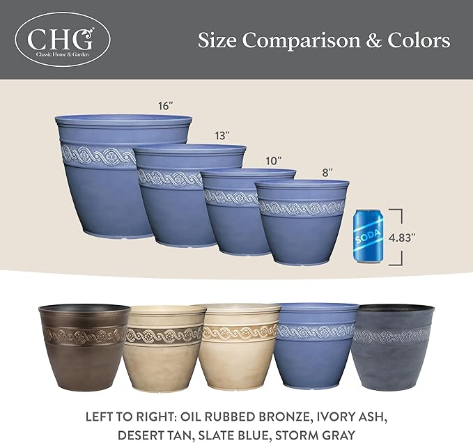Classic Home and Garden Corinthian Resin Planter Pot - Outdoor & Indoor Plant Pot - Round Planter for Plants & Flowers (16” Storm Gray, Pack of 1)