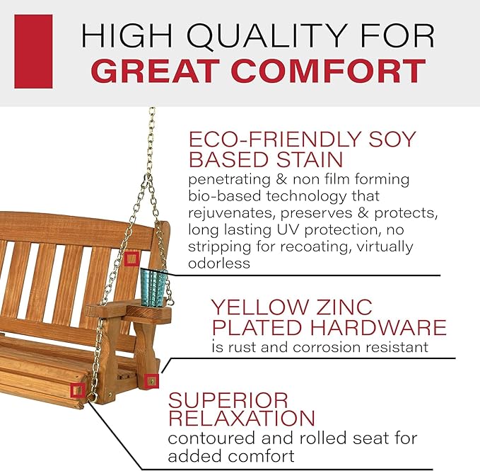 Amish Casual Heavy Duty 800 Lb Mission Treated Porch Swing with Hanging Chains and Cupholders (4 Foot, Cedar Stain)