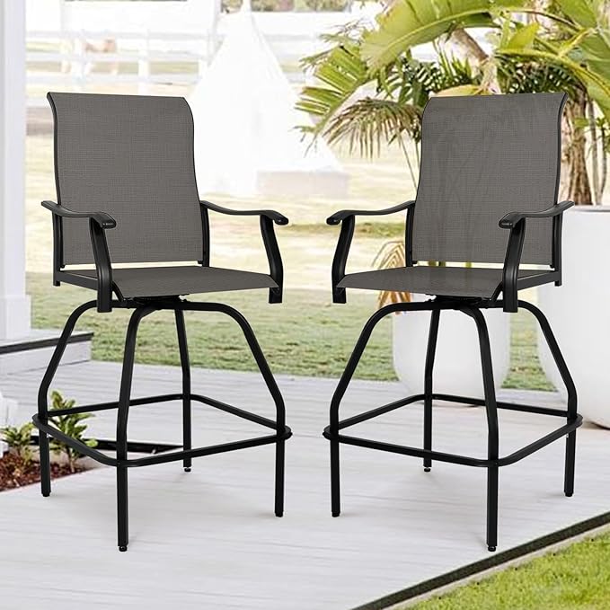 LEVELEVE Patio Bar Set 4pcs Swivel Bar Stools Outdoor Bistro Textilene Furniture Stability All-Weather Set (Grey Fabric)