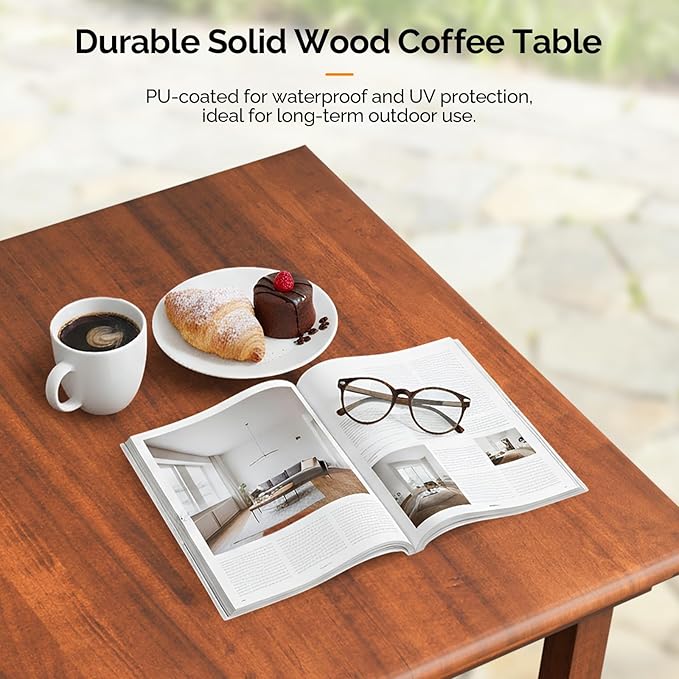 VINGLI Outdoor Folding Coffee Table, Natural Poplar Wood Patio Coffee Table, No Assembly Required, Ideal for Balcony, Porch, and Living Room, Square, Natural