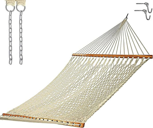Castaway Living 13 ft. Double Traditional Hand Woven Oatmeal Polyester Rope Hammock – 2-Person, 450 lb Capacity, Free Extension Chains & Tree Hooks, Designed in The USA