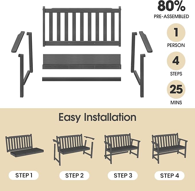 Ciokea 48" Outdoor Bench Set of 2, HDPE Weatherproof Garden Bench, 2-Person Memorial Benches with 550 Lbs, Waterproof Patio Porch Benches for Outside Balcony Deck Backyard, Dark Grey