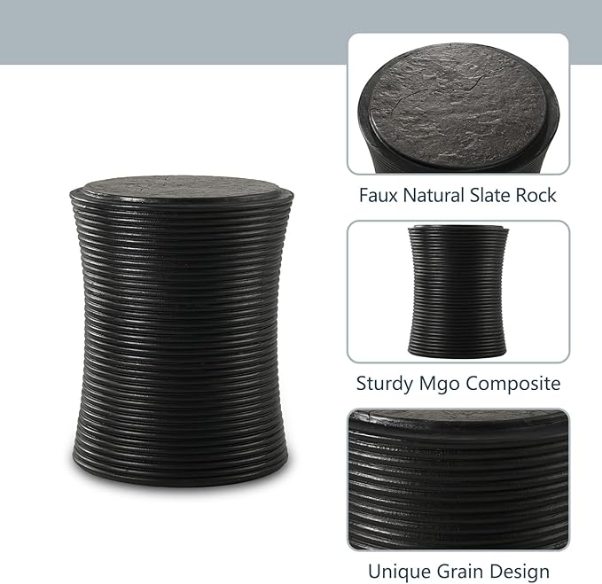 COSIEST Set of 2 Outdoor Side Table Black, Round MgO Concrete Side Table, Lightweight Outdoor Accent Table with Faux Natural Slate Rock, Cylinder Patio Table Top Plant Stand for Garden and Deck