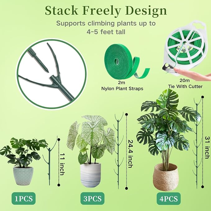 15 Pack Stackable Monstera Plant Support Stakes, 120inch Climbing Plant Sticks Structures with Garden Ties, Durable Alternative to Moss Pole for Indoor Outdoor Plants