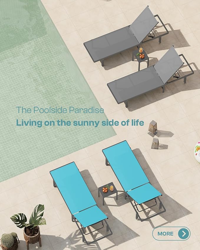 Aluminum Outdoor Lounge Chairs Set of 2, Pool Lounge Chairs with Wheels and 5-Position Recliner -Easy to Move- Patio Chaise Lounge Outdoor for Poolside, Deck, Beach (Lakeblue)