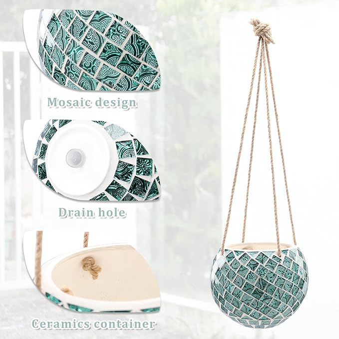 Ceramic Hanging Planter Mosaic Hanging Flower Pot Small Plant Pot for Indoor Plant Disco Ball Planter with Drainage