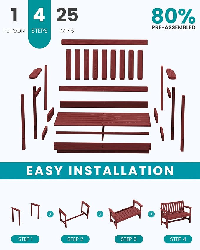 SERWALL Outdoor Bench, HDPE Outdoor Benches Weatherproof, 2-Person Garden Bench with 660 lbs Weight Capacity, Patio Benches for Outdoors, Garden, Porch, Backyard and Park, Red, 4 Pack