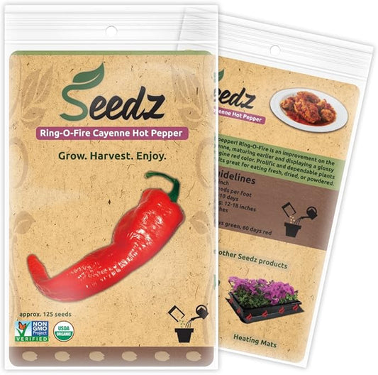 Organic Pepper Seeds, APPR. 125, Ring-O-Fire Cayenne Pepper, Heirloom Vegetable Seeds, Certified Organic, Non GMO, Non Hybrid, USA