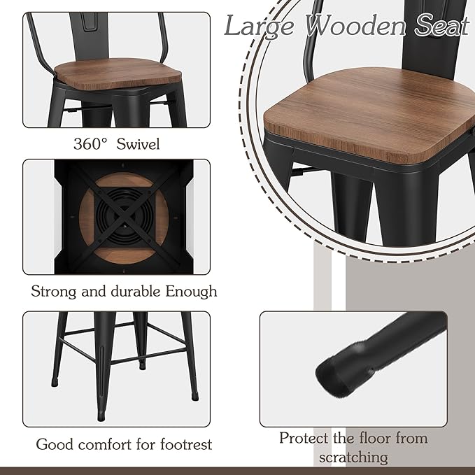 Alunaune 30" Swivel Metal Bar Stools Set of 4 High Back Counter Height Barstools Industrial Dining Bar Chairs with Large Wooden Seat-Matte Black