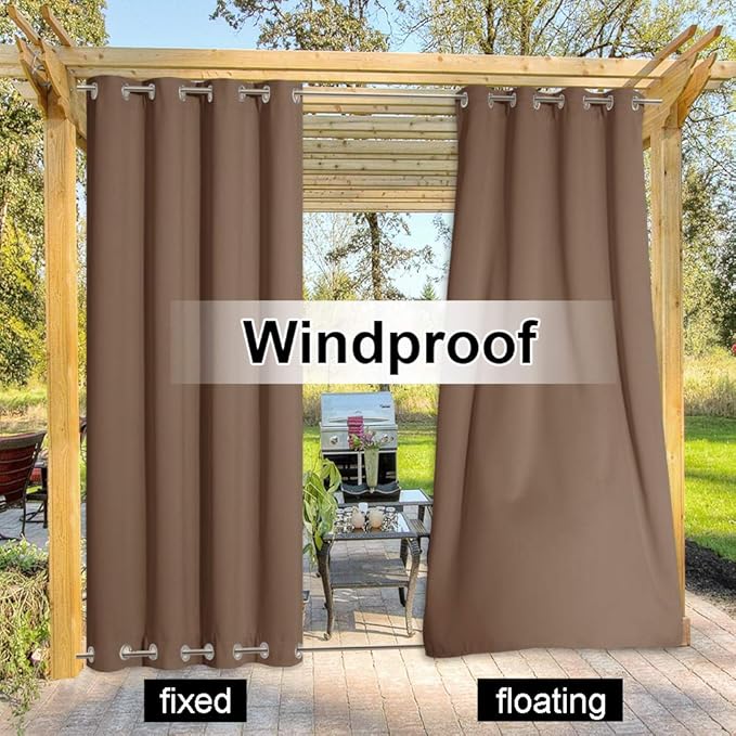 NICETOWN Outdoor Curtain Rustproof Fixed Grommet Top and Bottom, Thermal Insulated Keep Vertical Drape, Blackout Heavy Weight Wind Break Outdoor Drapery, 84 by 108 inches,1 Piece, Tan-Khaki