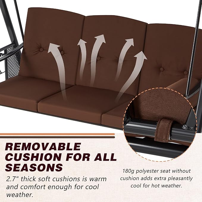 AECOJOY Outdoor Porch Swing with Cover, 3-Seat Patio Swings with Adjustable Canopy, Outside Swing for Adult with Brown Removable Cushions for Backyard, Garden, Yard, Poolside, Balcony