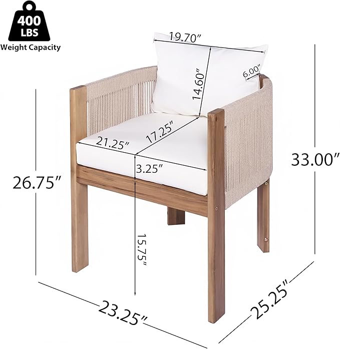 Christopher Knight Home Kclent Patio Acacia Wood Dining Set for 6 People, Outdoor Table & Chairs with Curved Rope Arm, Removable Cushions, 7 Piece Patio Dinner Set for Backyard Deck, Teak+ Beige