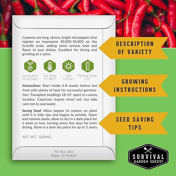 8 Pepper Seed Collection | Heirloom Varieties – Marconi, Chocolate Beauty, Cayenne & More | Non-GMO Seeds for Planting | Survival Garden Seeds