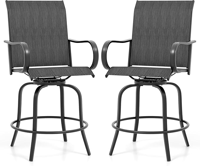 Giantex Set of 2 Swivel Outdoor Bar Stools, All-Weather Bar Height Patio Chairs, 330LBS Capacity, 360 Rotating Outside Bar Chairs with High Back Armrests, for Porch Yard Lawn Garden Pool (Black)