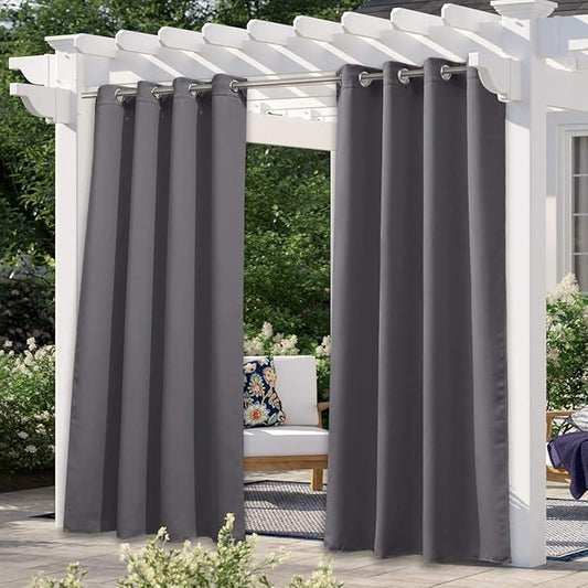 NICETOWN 108" L Outdoor Curtain for Patio Waterproof, Thermal Insulated Stainless Steel Grommet Blackout Outdoor/Indoor Curtain Privacy Protect for Landscape, 1 Panel, 52" Wide, Grey