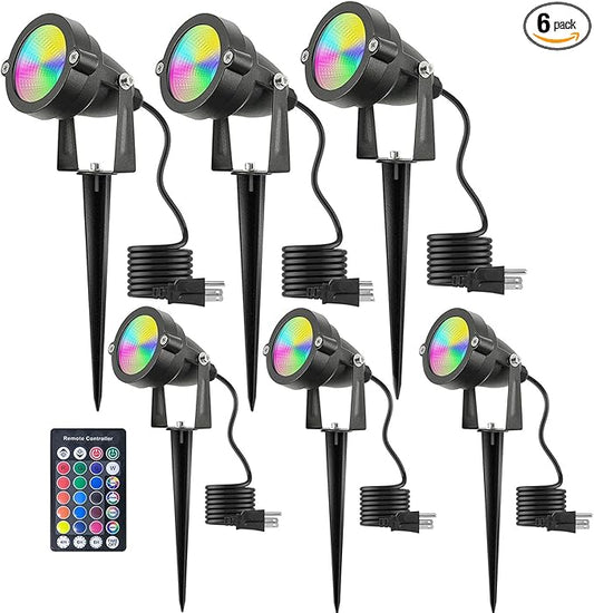Christmas Outdoor Landscape Spotlight with Timer, 10W LED Color Changing Outdoor Spot Lights IP65 Waterproof RGB Metal Case Spotlights with Stake Stand for Yard Garden Lawn House, 6 Lights