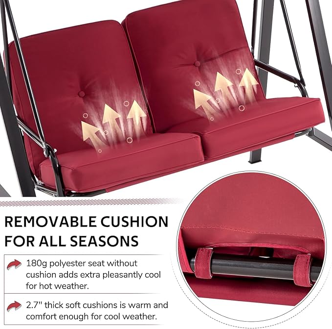 AECOJOY 2-Seat Outdoor Patio Swing Chair with Adjustable Canopy, Porch Swings Chairs for Adult, Outside Swing Bench with Removable Cushion, Suitable for Backyard, Garden, Yard, Poolside, Balcon, Red