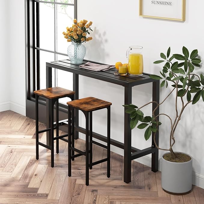 COSTWAY Outdoor Bar Table 48-inch Wide, Narrow Counter Height Dining Table with Waterproof Top and Heavy-Duty Metal Frame, Rectangular Pub Table for Hot Tub Garden Patio Backyard Poolside, Black
