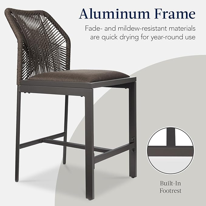 Best Choice Products Indoor Outdoor Counter Height Bar Stools Set of 2, Armless Kitchen Counter Stools w/Back and Footrest, Built-in Cushion, Aluminum Frame - Brown/Mocha