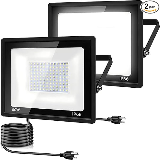 2Pack LED Flood Light Outdoor,50W LED Work Light 5500lm with 6FT US Plug,IP66 Waterproof Exterior Security Lights,6000K Daylight White Outside Floodlights Slim Design for Playground Yard