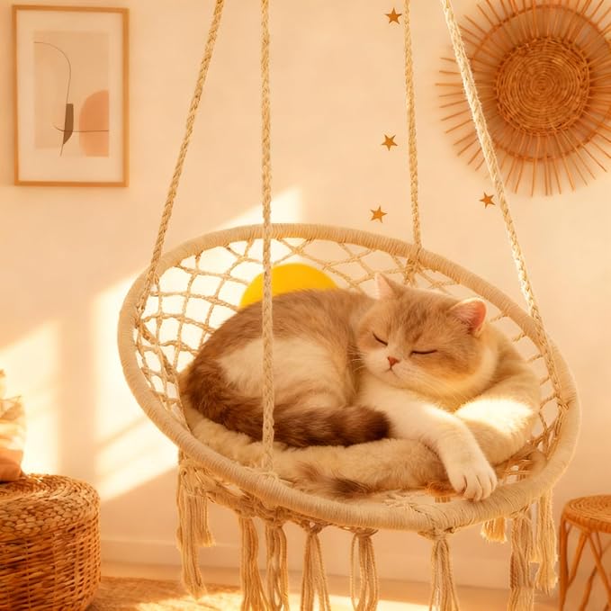 Goutime Hammock Chair, Macrame Hanging Swing Chairs with Cushion and Hardware Kit,Adult Boho Swings for Outside,Patio,Balcony,Bedroom Beige (Pillows are not Included)