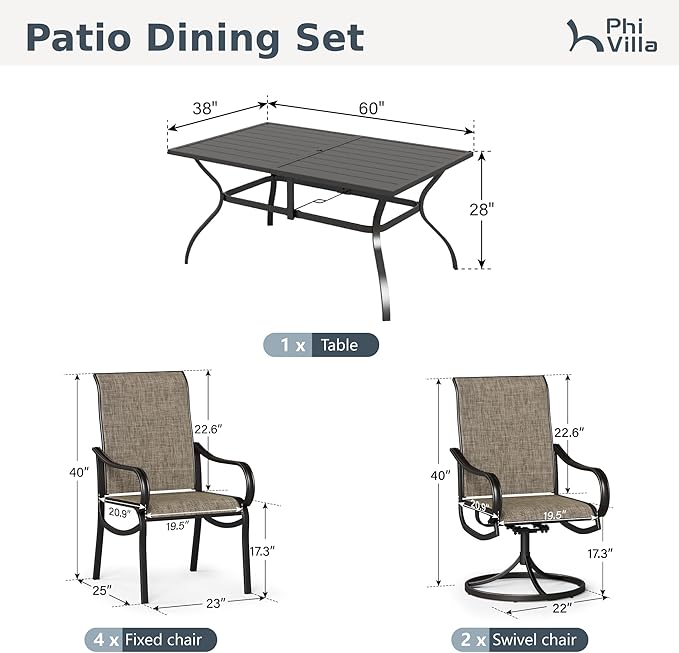 PHI VILLA Patio Dining Set for 6 Person, Rectangle Metal Table with Umbrella Holes and 2 Swivel & 4 Fixed Chairs All Weather Outdoor Table and Chairs for Deck Garden Yard