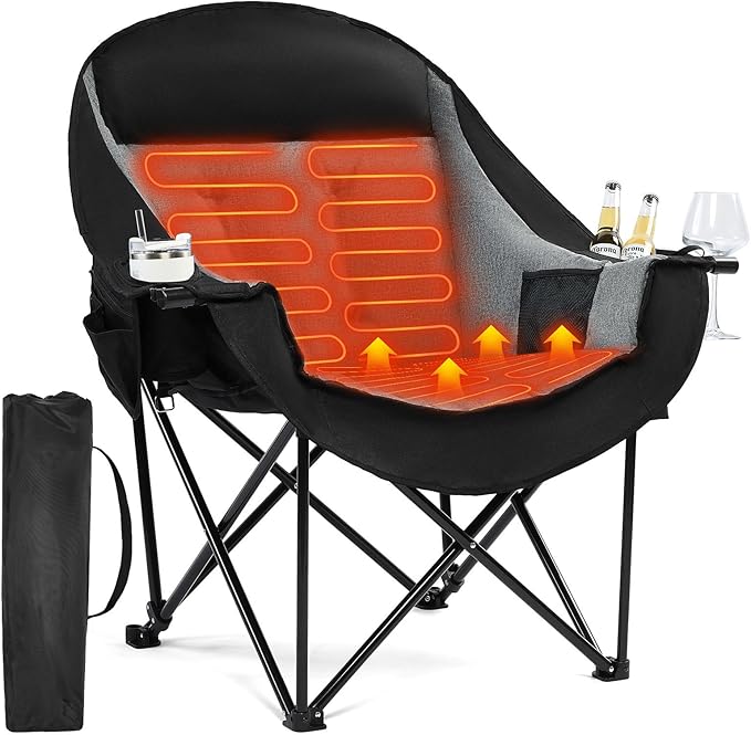 Heated Oversized Camping Chair - Heavy Duty Padded Folding Camping Chairs for Adults with Cooling Bag, Side Pocket, Cup Holder and Carry Bag for Outdoor Sports Lawn Fishing Garden Portable
