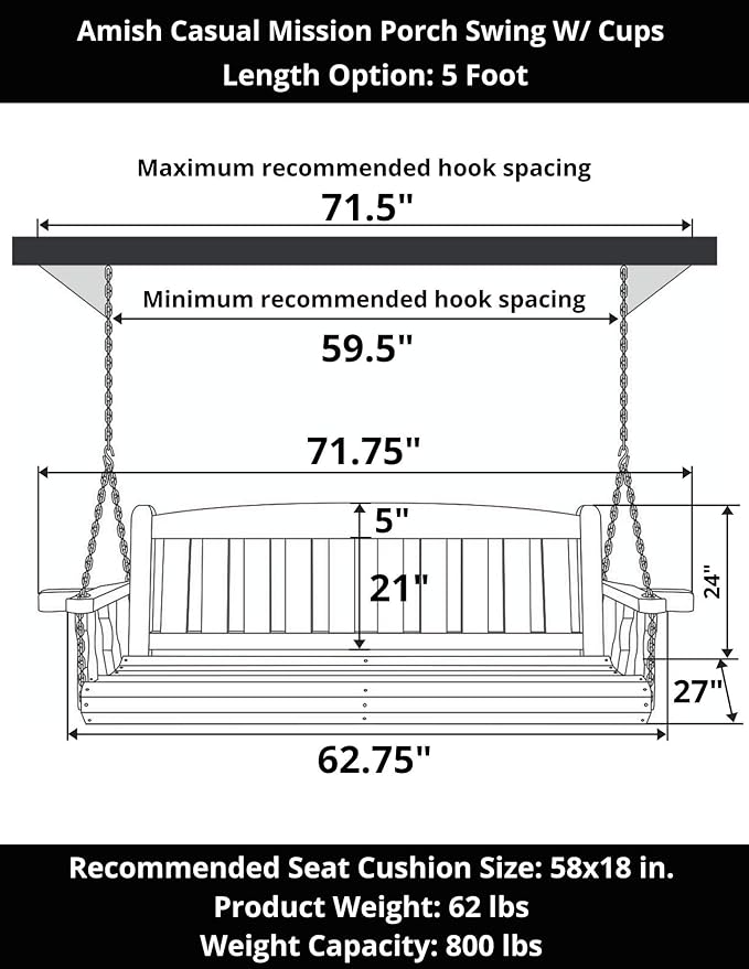 Amish Casual Heavy Duty 800 Lb Mission Treated Porch Swing with Hanging Chains and Cupholders (5 Foot, Unfinished)