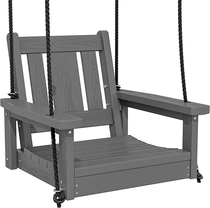 SERWALL HDPE Single Porch Swing, Heavy Duty Single Person Swing Chair with 2 Polypropylene Hanging Ropes, Adirondack Hanging Chair for Outdoor Front Porch Patio Garden Yard, Gray
