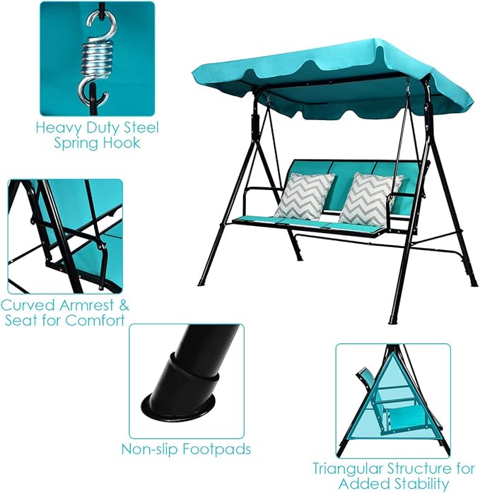 TANGKULA 3 Person Patio Swing, Steel Frame with Polyester Angle Adjustable Canopy, All Weather Resistant Swing Bench, Suitable for Patio, Garden, Poolside, Balcony (Turquoise)